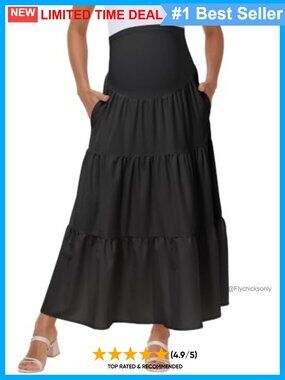 Maternity Ruffle Maxi Skirt High Waisted Over-Bump Tiered A-Line Pockets